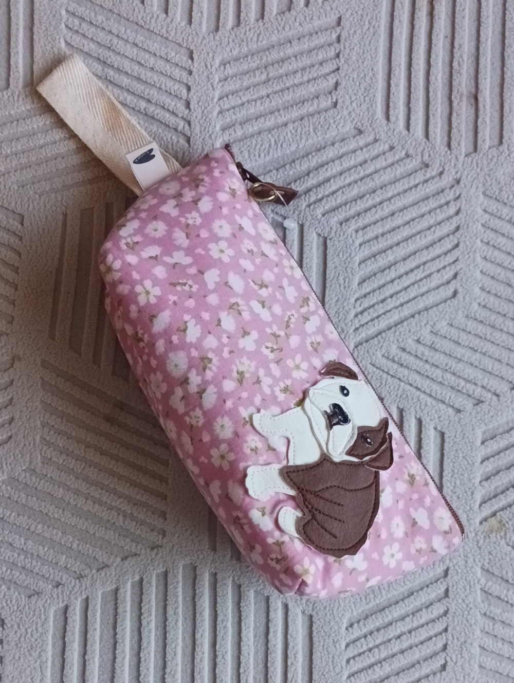 Pink Floral Cosmetic Bag with Dog Appliqué Cuore